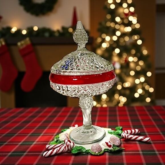 Vintage Indiana Glass Ruby Flash Pedestal Compote Candy Dish-Red-1960s-Holiday - Picture 1 of 8